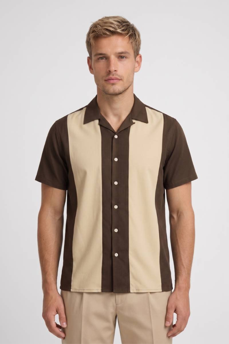 Overhemd Heren - Retro Colorblocking met Korte Mouwen | Vintage — Bruin Beige