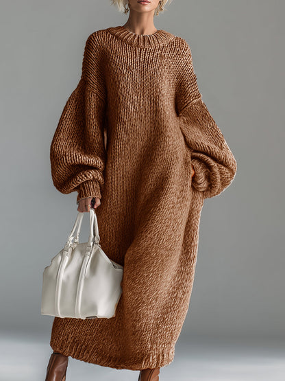 Dames Maxi Jurk Gebreid Rond Hals Gemêleerd Khaki Kleur