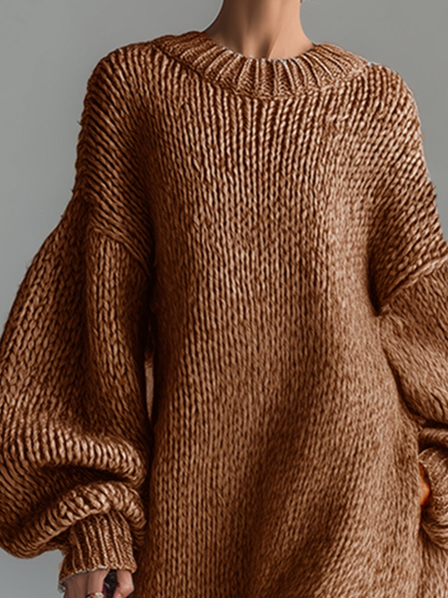 Dames Maxi Jurk Gebreid Rond Hals Gemêleerd Khaki Kleur