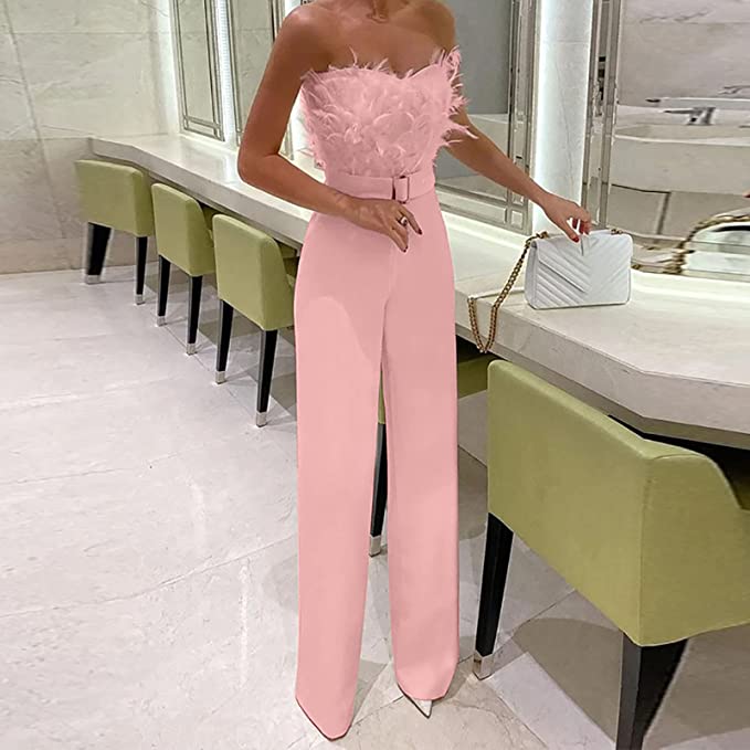 Luxe Jumpsuit Lange Mouwen met Veren Decoratie