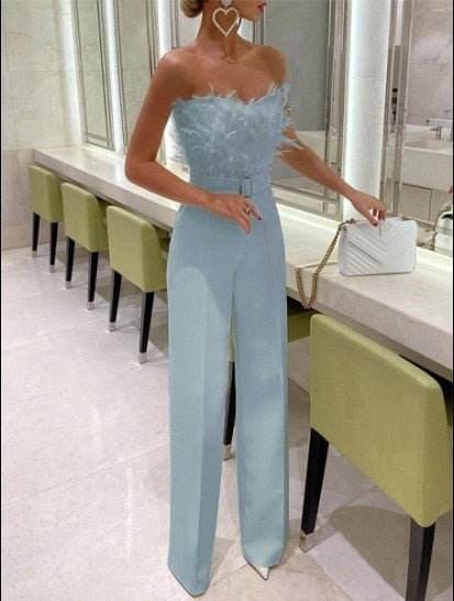 Luxe Jumpsuit Lange Mouwen met Veren Decoratie