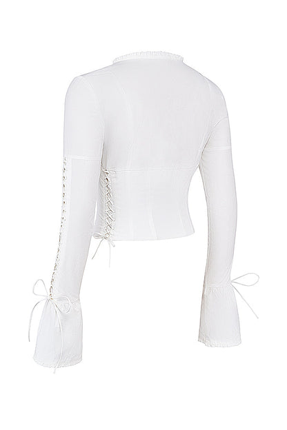 Vrouwelijke Blouse met Vetersluiting en Wijd Model Manchetten