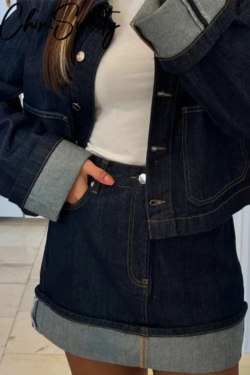 Dames Denim Set - Cropped Jeansjasje en High Waist Minirok → Dames Jeans Set - Cropped Jasje en High Waist Minirok