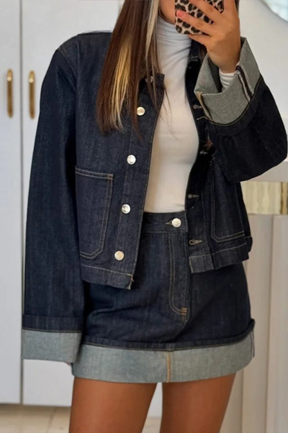 Dames Denim Set - Cropped Jeansjasje en High Waist Minirok → Dames Jeans Set - Cropped Jasje en High Waist Minirok