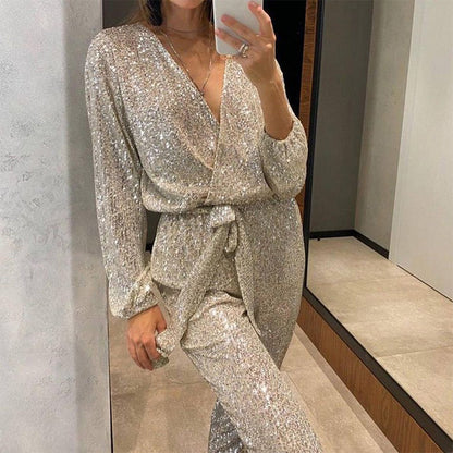 Glitter Jumpsuit V-hals Elegante jurk Feestkleding