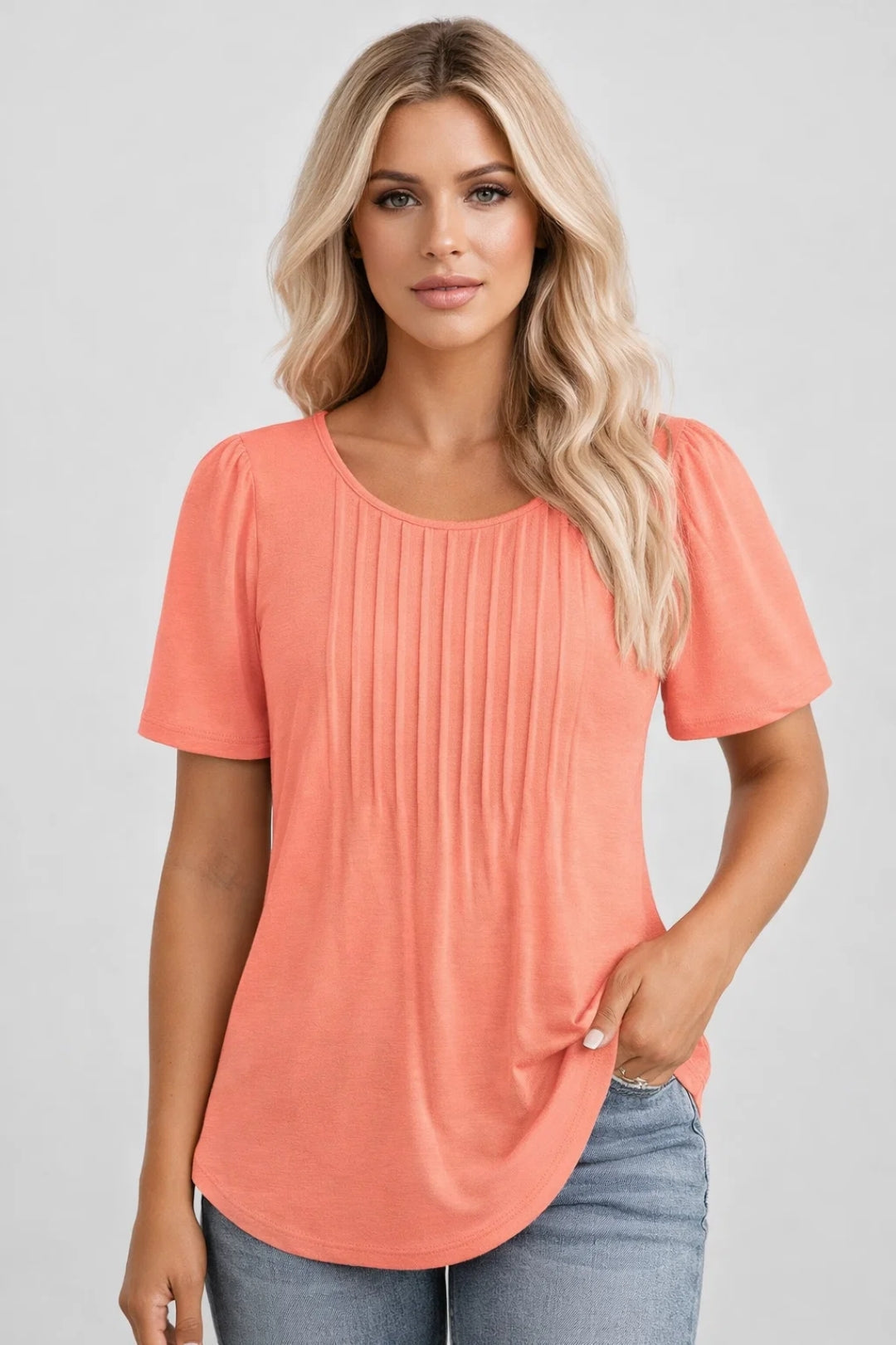 Vrouwelijke Blouse Luchtige Top met Plooien Ronde Hals Casual Dames
