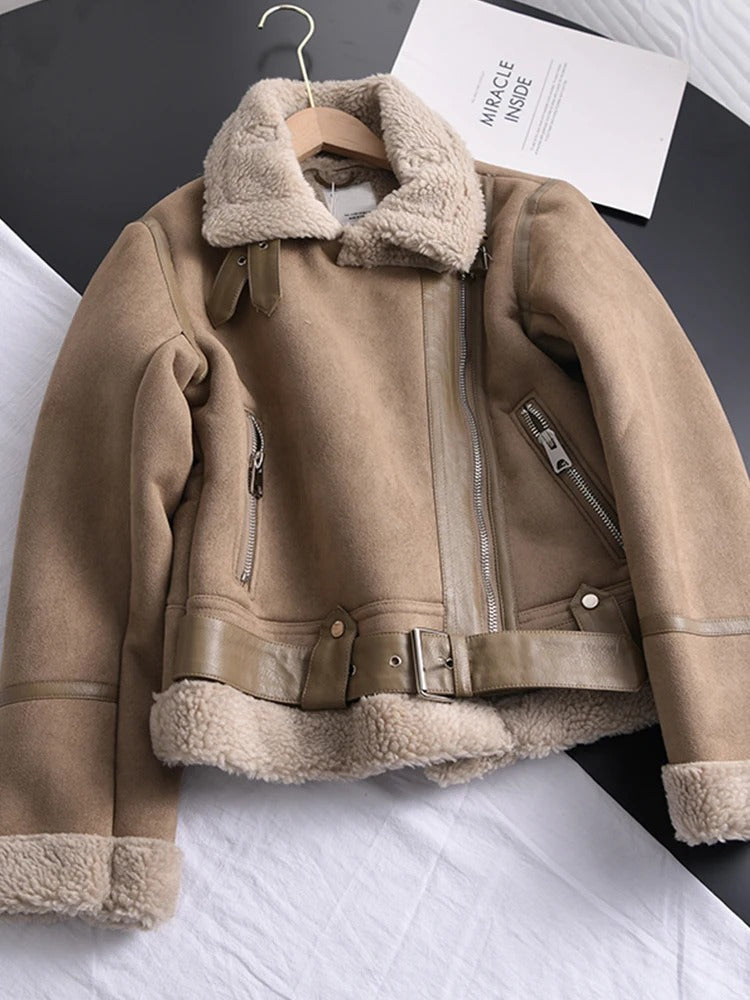 Dames Leren Jas met Bontvoering Asymmetrisch Wintermodel