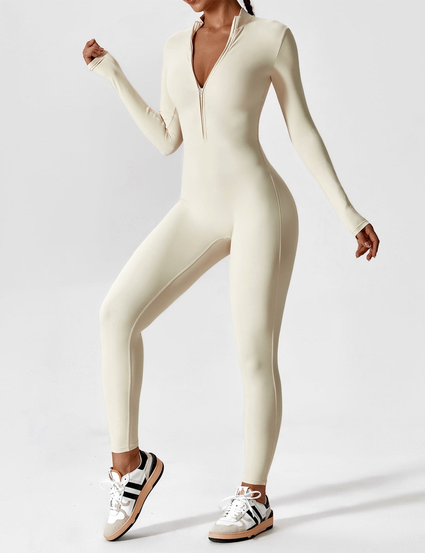 Dames Jumpsuit Lange Mouwen met Rits en Staande Kraag
