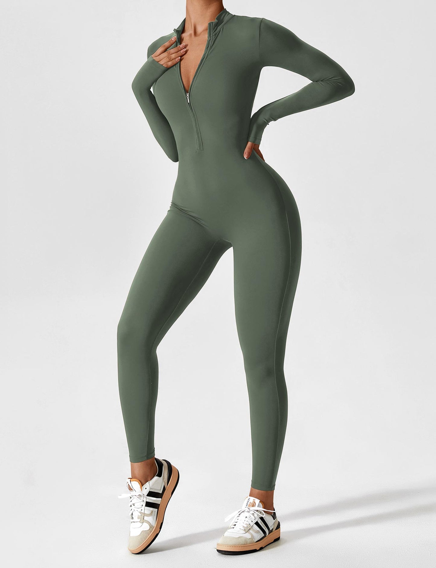Dames Jumpsuit Lange Mouwen met Rits en Staande Kraag